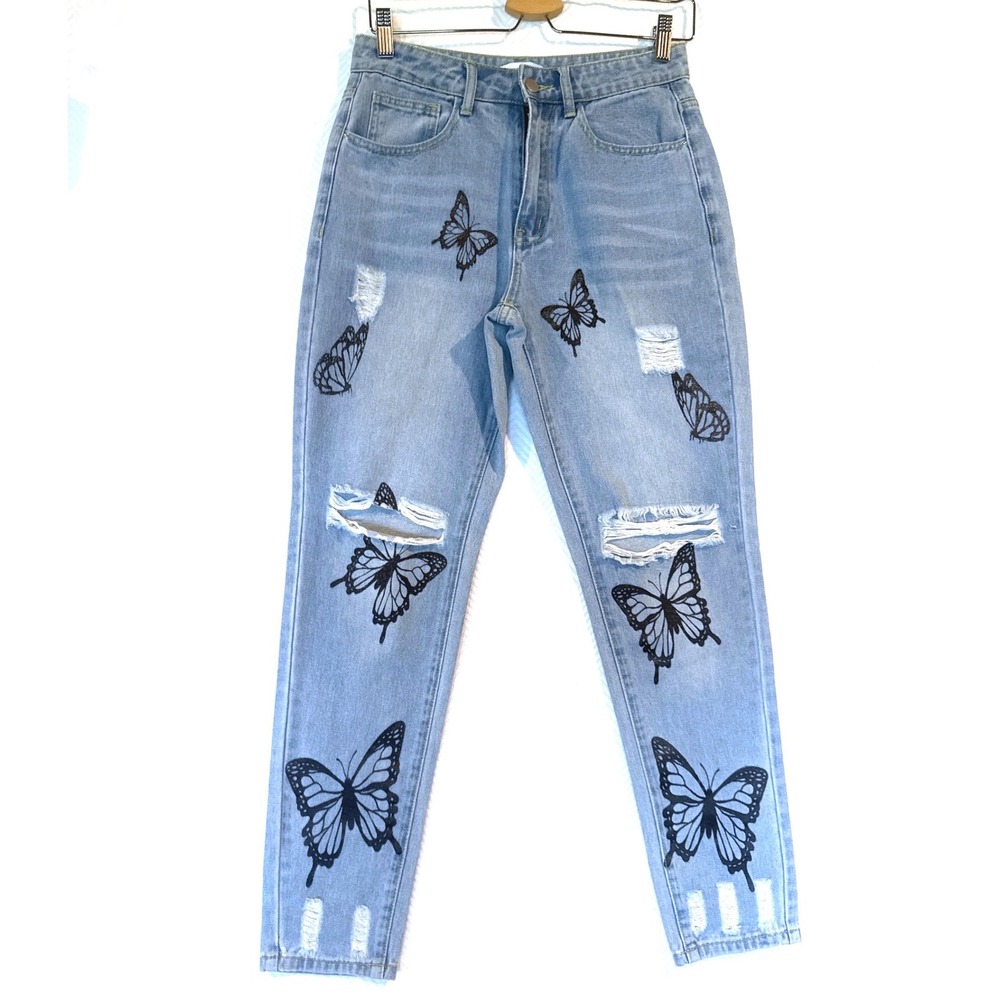 Forever 21 Butterfly Print Distressed Mom Jeans Light Wash Blue Size S Y2K Style